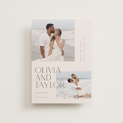 This is a linen petite save the dates with standard by Kelly Schmidt called overlapping printing on recycled smooth signature in petite