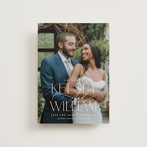 This is a pearl petite save the dates with standard by Brooke Chandler called l'amour printing on recycled smooth signature in petite