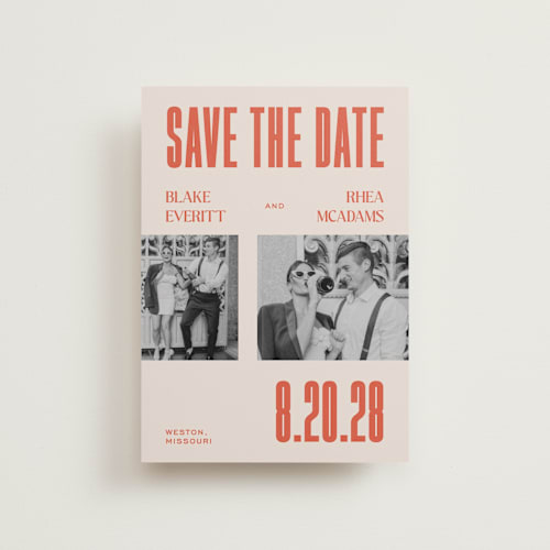 This is a sunset petite save the dates with standard by Rachel Cassel called poster printing on recycled smooth signature in petite