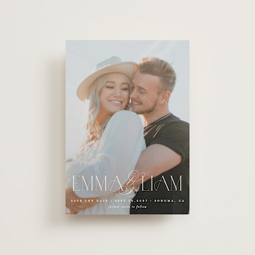 This is a pearl petite save the dates with standard by Brooke Chandler called hand in hand printing on recycled smooth signature in petite