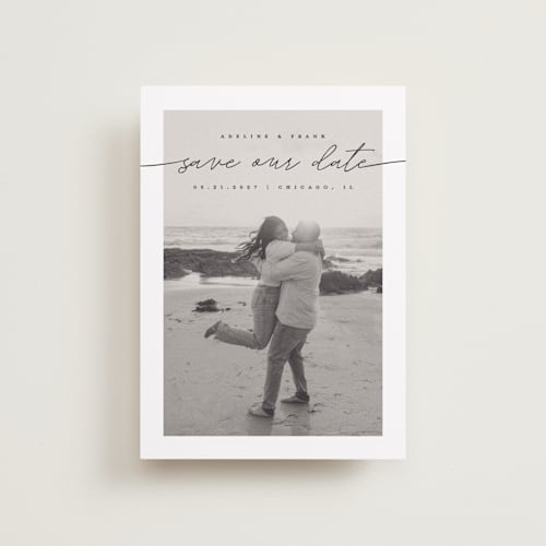 This is a tuxedo petite save the dates with standard by Pixel and Hank called simple details printing on recycled smooth signature in petite