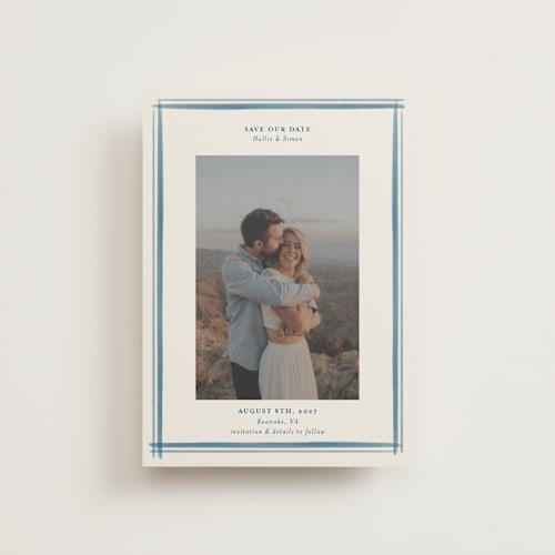 This is a indigo petite save the dates with standard by Hannah Bowman called gingham border printing on recycled smooth signature in petite