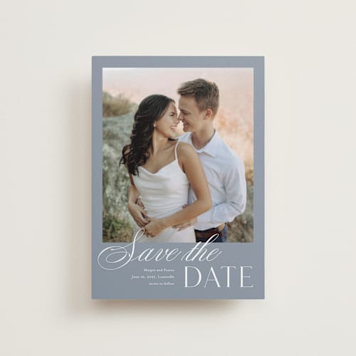 This is a french blue petite save the dates with standard by Stacey Meacham called classic manor printing on recycled smooth signature in petite