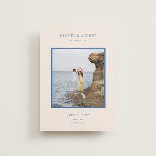 This is a beach blue petite save the dates with standard by Ani Somi called bermuda printing on recycled smooth signature in petite