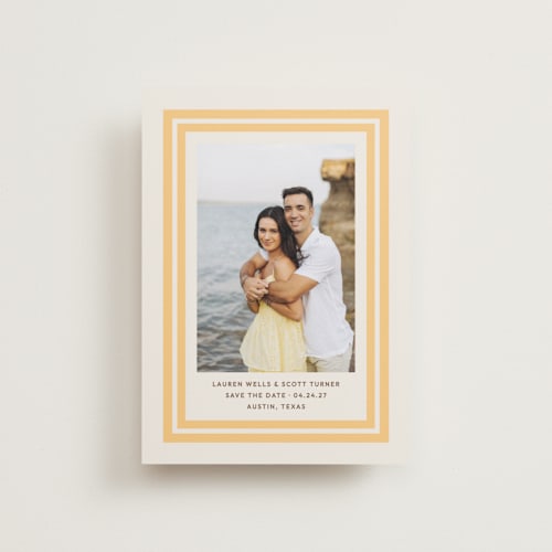 This is a sunflower petite save the dates with standard by Megan Davis called negroni printing on recycled smooth signature in petite