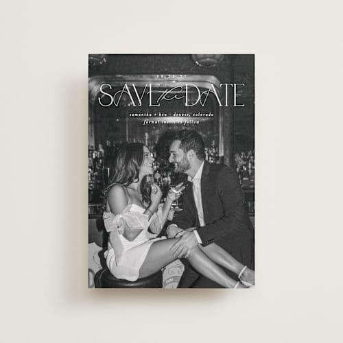 This is a pearl petite save the dates with standard by Brooke Chandler called elegant fete printing on recycled smooth signature in petite