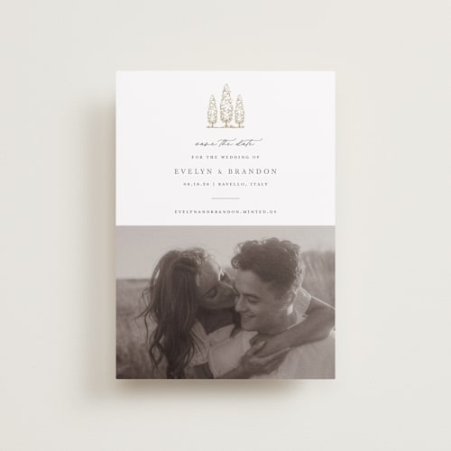 This is a champagne petite save the dates with standard by Sarah Brown called arborvitae printing on recycled smooth signature in petite