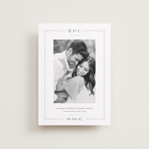This is a mocha petite save the dates with standard by Meagan Christensen called alcott printing on recycled smooth signature in petite