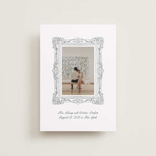 This is a diamond petite save the dates with standard by Jenna Holcomb called sketched frame printing on recycled smooth signature in petite