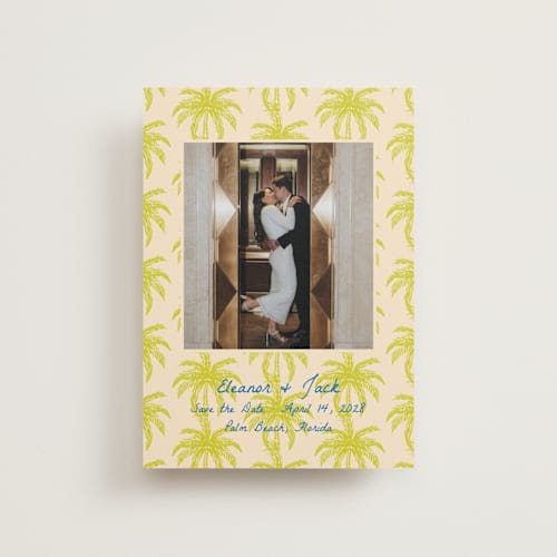 This is a limon petite save the dates with standard by Megan Davis called palm beach printing on recycled smooth signature in petite
