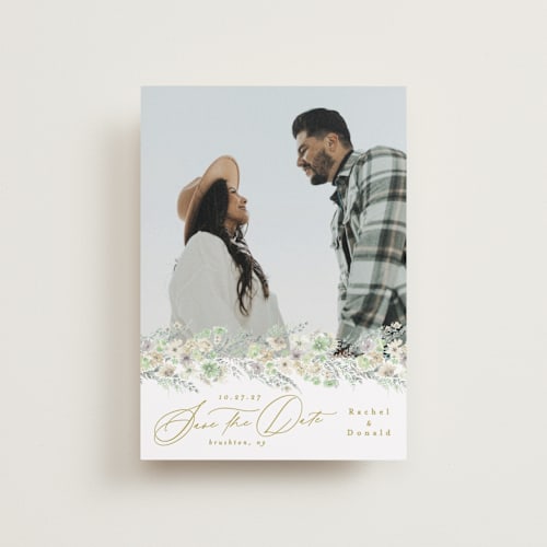 This is a greenery petite save the dates with standard by Phrosné Barwood called floral arch printing on recycled smooth signature in petite