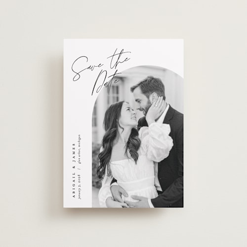 This is a snow petite save the dates with standard by Pixel and Hank called capture printing on recycled smooth signature in petite