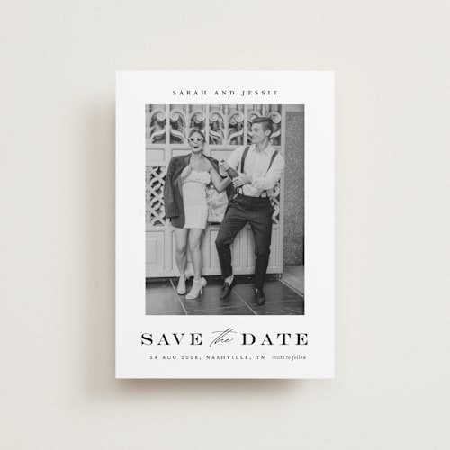 This is a midnight petite save the dates with standard by Stacey Meacham called classic charm printing on recycled smooth signature in petite