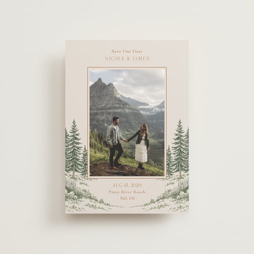 This is a forest petite save the dates with standard by Elly called whispering pines printing on recycled smooth signature in petite