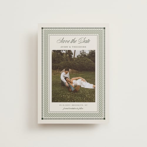 This is a moss petite save the dates with standard by Kelly Watkins called literary printing on recycled smooth signature in petite