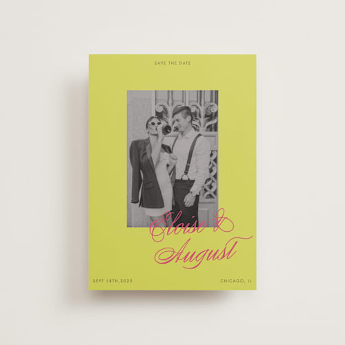 This is a flamingo petite save the dates with standard by Morgan Kendall called maximalist poppies printing on recycled smooth signature in petite