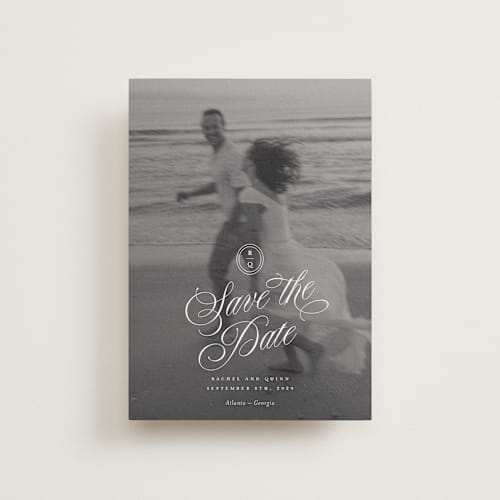 This is a ivory petite save the dates with standard by Paper Raven Co. called vintage romance printing on recycled smooth signature in petite