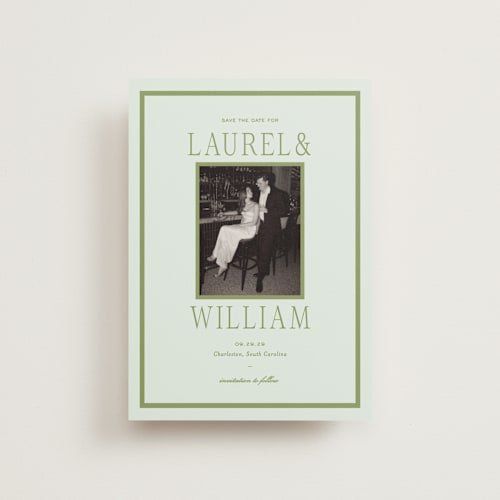 This is a forest petite save the dates with standard by Sara Hicks Malone called dewberry printing on recycled smooth signature in petite