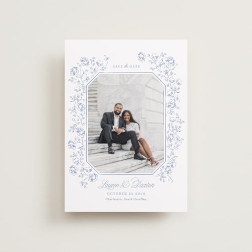 This is a sky petite save the dates with standard by Robert and Stella called framed florals printing on recycled smooth signature in petite
