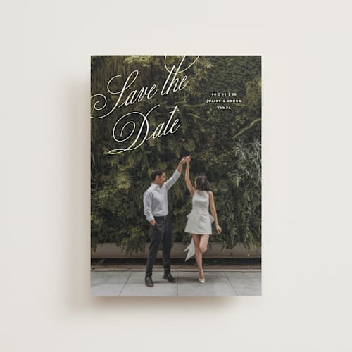 This is a pearl petite save the dates with standard by Pixel and Hank called enamored printing on recycled smooth signature in petite