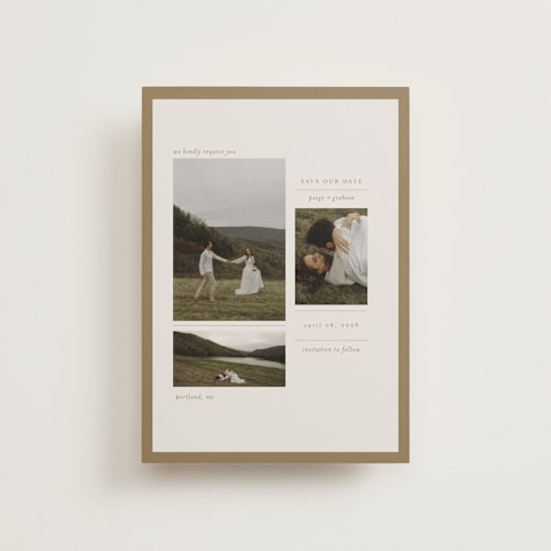 This is a linen petite save the dates with standard by Bramble Studio called savour printing on recycled smooth signature in petite