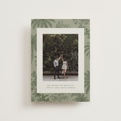 This is a jungle petite save the dates with standard by Jenna Holcomb called tropicale printing on recycled smooth signature in petite