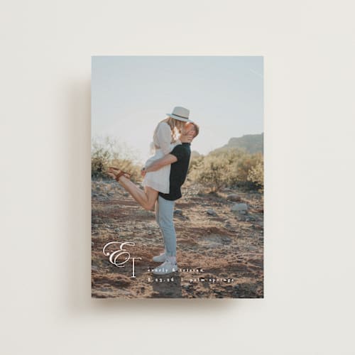 This is a quartz petite save the dates with standard by Kristie Kern called whispered printing on recycled smooth signature in petite