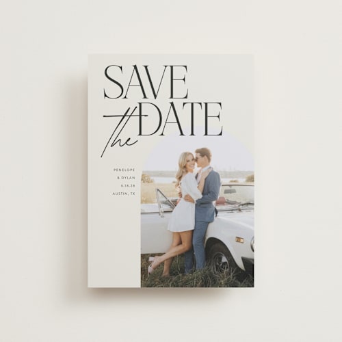 This is a ecru petite save the dates with standard by Morgan Kendall called penelope printing on recycled smooth signature in petite