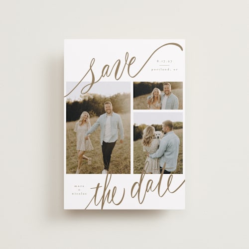 This is a veil petite save the dates with standard by Elsa Duncan called tri-photo happy holidays printing on recycled smooth signature in petite