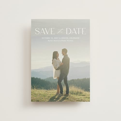 This is a cloud petite save the dates with standard by Kate Ahn called monterosso printing on recycled smooth signature in petite