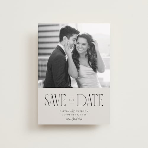 This is a dove petite save the dates with standard by Robert and Stella called pierre printing on recycled smooth signature in petite