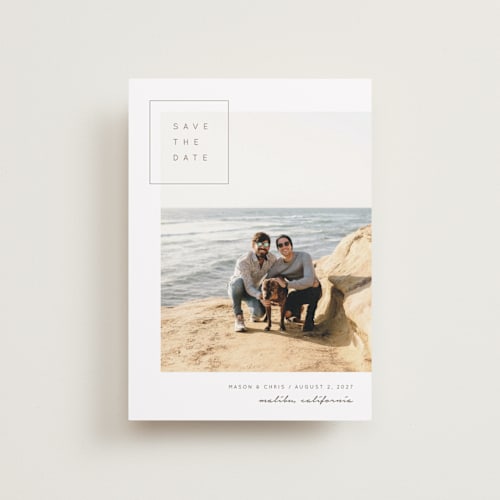 This is a moonstone petite save the dates with standard by Eric Clegg called offset printing on recycled smooth signature in petite