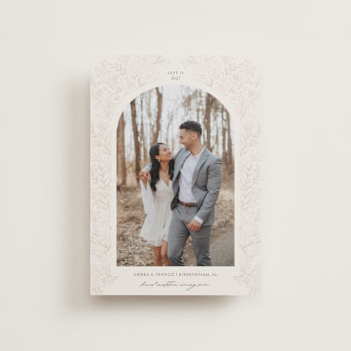 This is a sienna petite save the dates with standard by Jen Owens called botanical arch printing on recycled smooth signature in petite