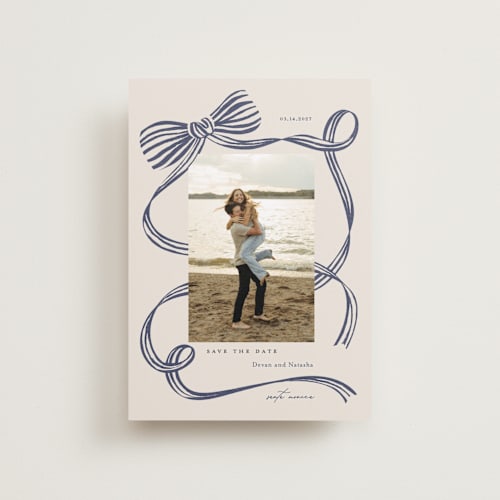 This is a blue spruce petite save the dates with standard by Carrie ONeal called neddy printing on recycled smooth signature in petite