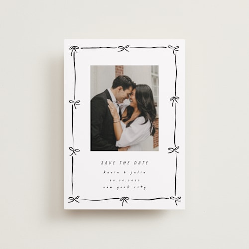 This is a coal petite save the dates with standard by Susan Zinader called preppy bow border printing on recycled smooth signature in petite