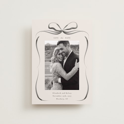 This is a tuxedo petite save the dates with standard by Corinne Malesic called bow printing on recycled smooth signature in petite