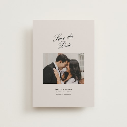 This is a clay petite save the dates with standard by Olivia Kanaley Inman called hayworth printing on recycled smooth signature in petite