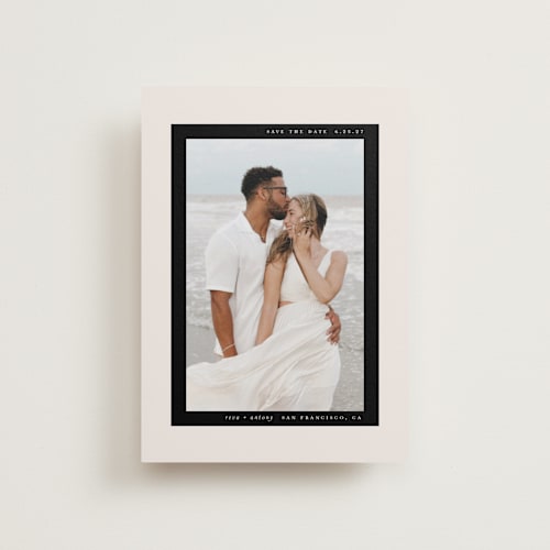 This is a buttercream petite save the dates with standard by Lori Wemple called most minimal printing on recycled smooth signature in petite