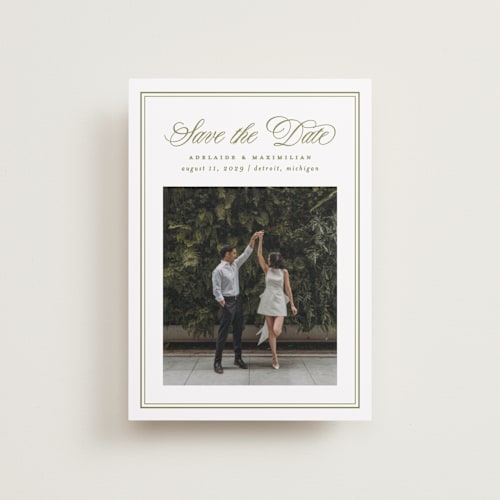 This is a olive petite save the dates with standard by Ellen Schlegelmilch called museo printing on recycled smooth signature in petite