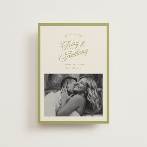 This is a olive petite save the dates with standard by Ellen Schlegelmilch called rory printing on recycled smooth signature in petite
