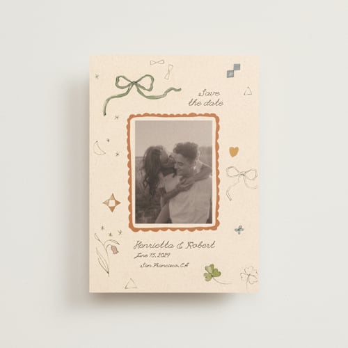 This is a magic petite save the dates with standard by Sumak Studio called pure magic printing on recycled smooth signature in petite