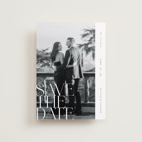 This is a pearl petite save the dates with standard by Ana de Sousa called editorial lettering printing on recycled smooth signature in petite