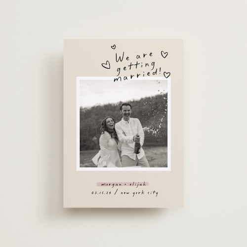 This is a nero petite save the dates with standard by Pati Cascino called surprise! printing on recycled smooth signature in petite