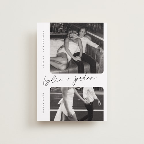 This is a snow petite save the dates with standard by Sarah Curry called signature snapshots printing on recycled smooth signature in petite