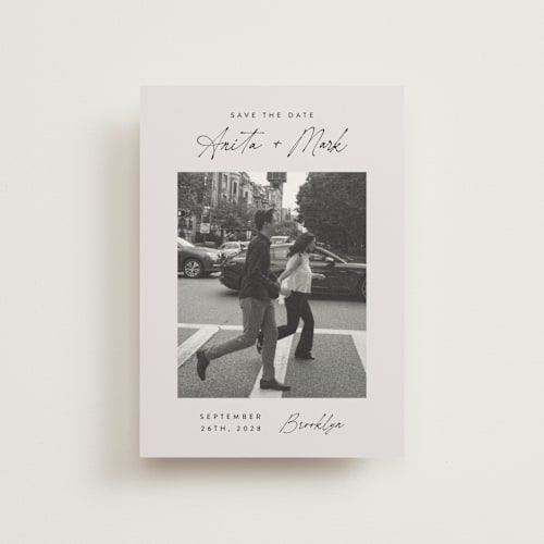 This is a eggshell petite save the dates with standard by Paper Raven Co. called moment in time printing on recycled smooth signature in petite