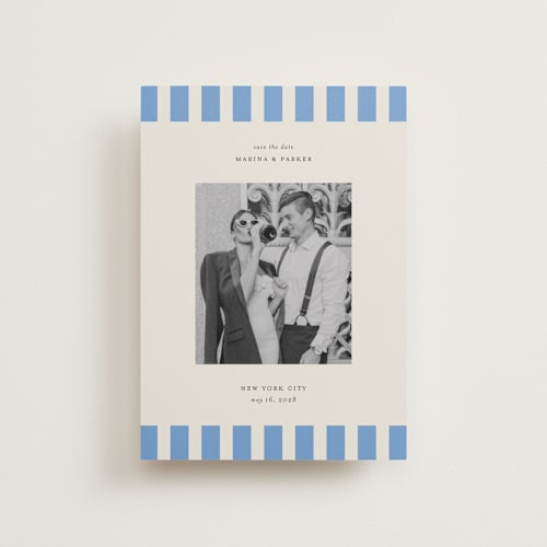 This is a sky petite save the dates with standard by Jackie Crawford called modern border printing on recycled smooth signature in petite