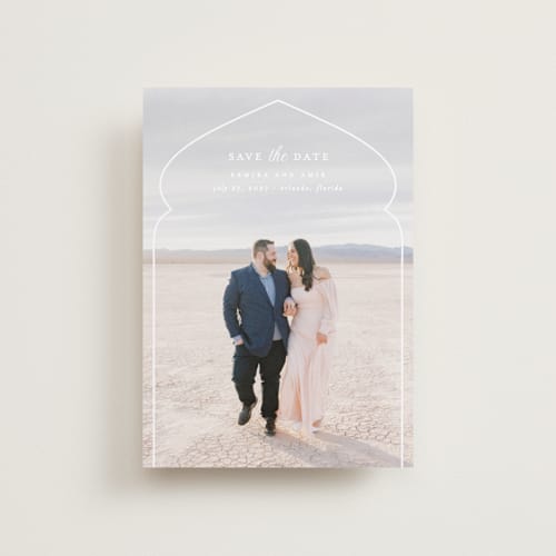 This is a moonstone petite save the dates with standard by Creo Study called whole new world from disney's aladdin printing on recycled smooth signature in petite