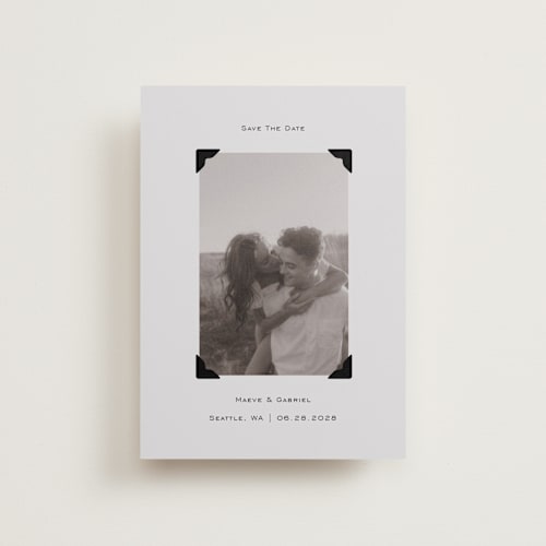 This is a cream petite save the dates with standard by Jenny Millington called scrapbook frame printing on recycled smooth signature in petite