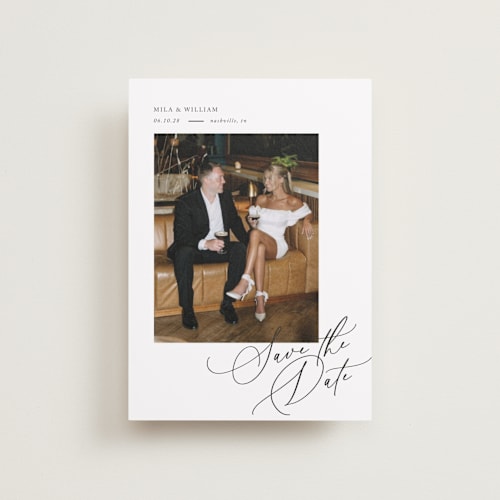 This is a pearl petite save the dates with standard by Melanie Kosuge called side swept printing on recycled smooth signature in petite