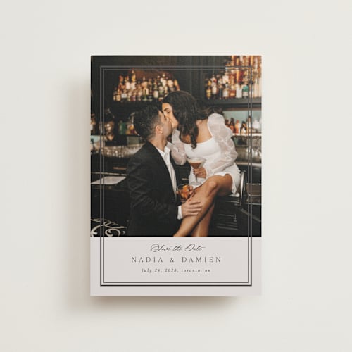 This is a linen petite save the dates with standard by Nicole Walsh called shimmer printing on recycled smooth signature in petite